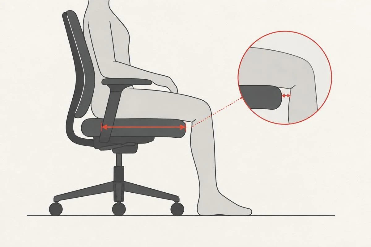 Aeron Seat Depth Abstract diagram explaining seat depth and thigh clearance when choosing an Aeron size