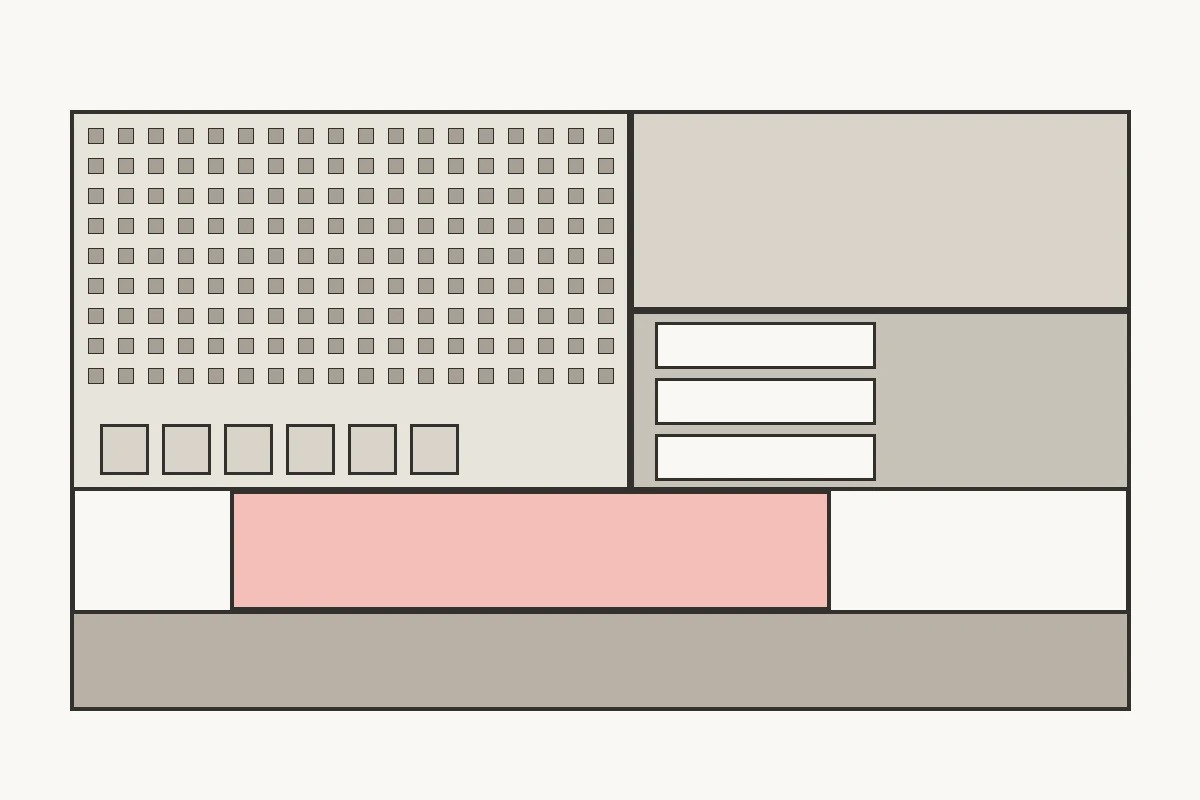 Five families of work settings on one floor Top-down office plan showing focus, collaboration, meeting, social and support zones