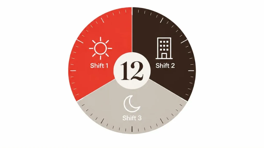Three shifts, 24-hour coverage Diagram of a 24-hour dial split into three equal shifts with the number 12 in the centre, showing the round-the-clock rating of the Herman Miller warranty