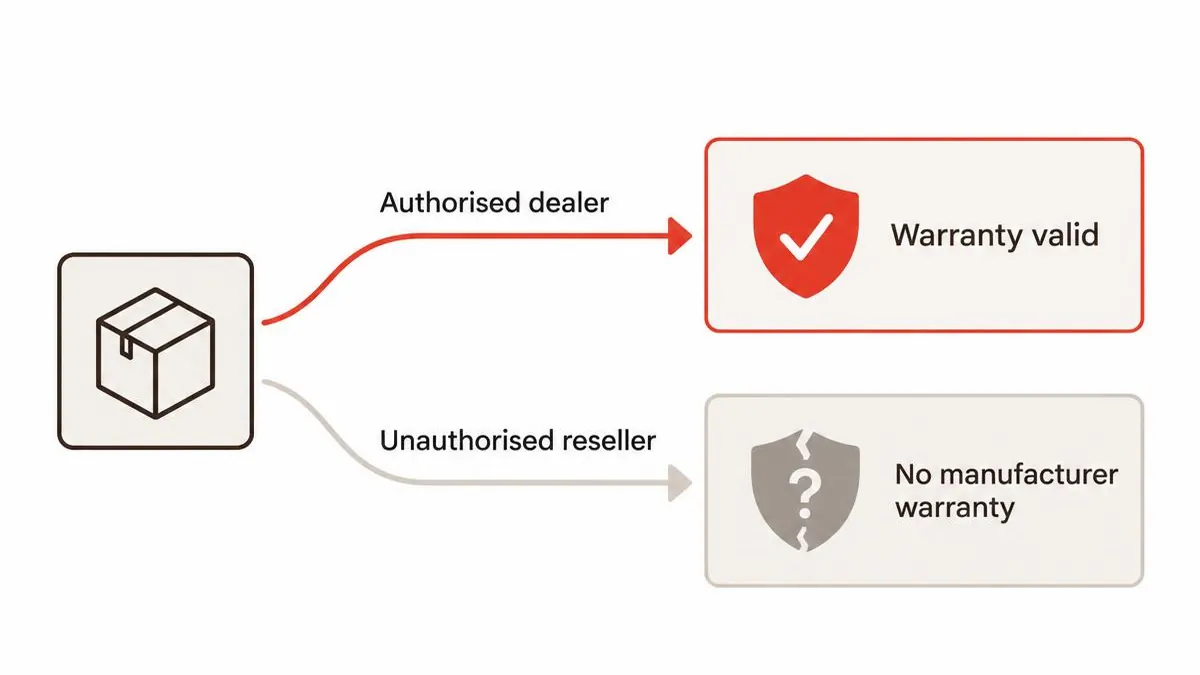 Authorised dealer vs unauthorised reseller Two purchase paths compared: an authorised dealer leading to a valid manufacturer warranty, and an unauthorised reseller leading to no manufacturer warranty