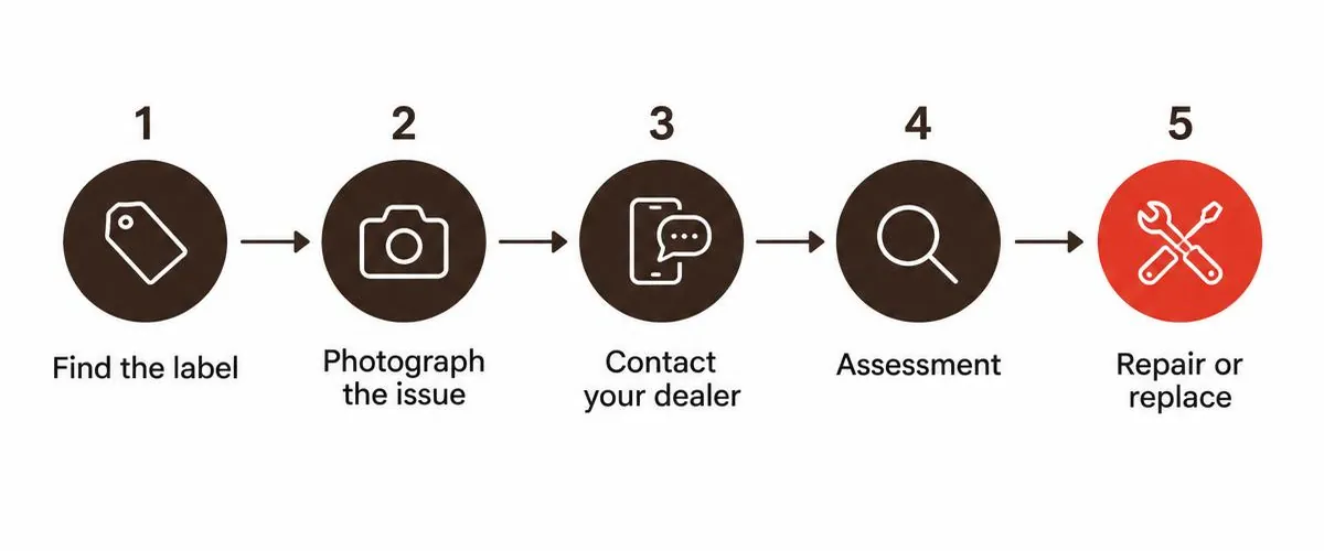 Warranty claim in five steps Five-step process for a Herman Miller warranty claim: find the label, photograph the issue, contact your dealer, assessment, repair or replacement