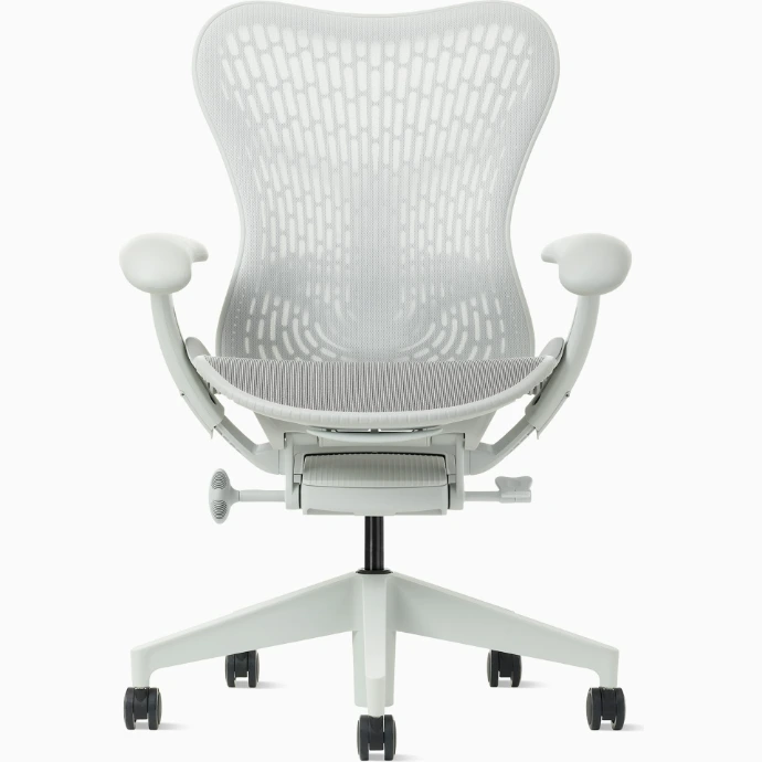 Herman Miller Mirra 2 Chair Front view of a Herman Miller Mirra 2 chair with a Butterfly back in alpine and a silver alloy base