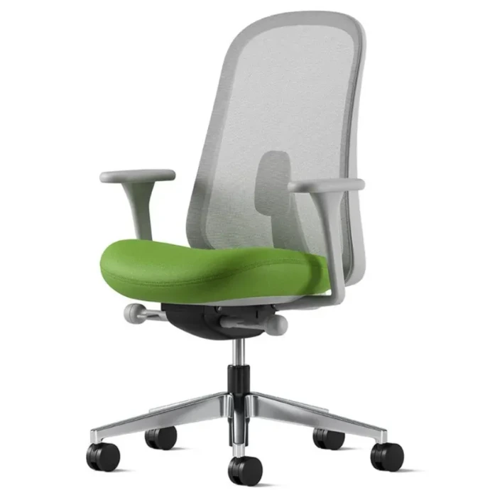 Herman Miller Lino Chair Side view of a Herman Miller Lino Chair with a green upholstered seat , covered by the 12-year warranty