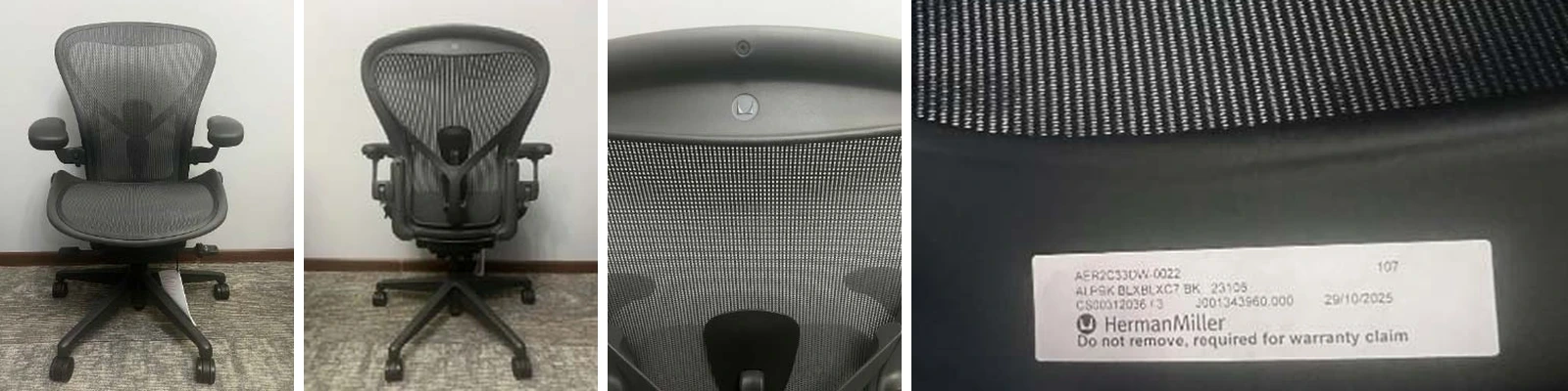 Herman Miller Logo On Aeron Chair Four photos of an Aeron chair: front, back, close-up of the Herman Miller logo on the back frame, and the warranty label under the seat